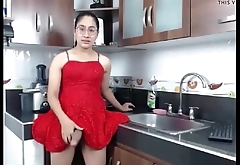 TS teen latina stroking big cock in red dress - TScamdolls.com