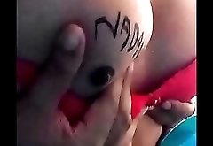 Desi Girlfriend beauty showing Busty assets with written name of her secret fan on her Tits